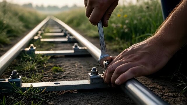 Detailed view of hands securing rails and bolts on a dolly track system laid parallel to a rural field pathway during early morning light.
