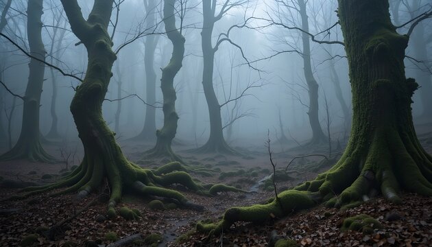 Eerie forest scene with mossy trees and a dense foggy atmosphere