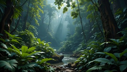 A lush green forest with a stream running through the landscape
