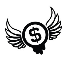 "Flying Dollar Icon – Stylized Black and White Graphic Featuring Winged Dollar Symbol in Circular Frame with Tail Accent – Representing Financial Loss, Rapid Spending, or Budget Alerts – Ideal for Edi