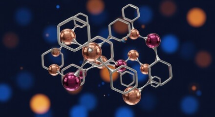 Abstract molecular structure with metallic spheres and hexagonal connections