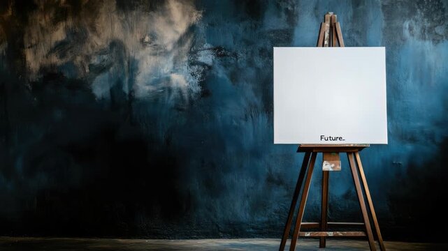 Blank canvas on wooden easel with dark abstract background