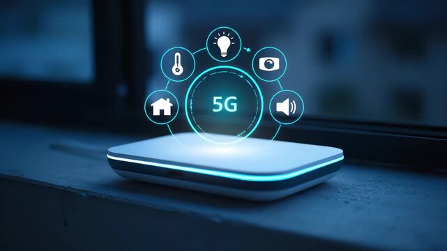 a minimalist 5G home CPE on a concrete windowsill, HUD smart-home ring of icons (thermostat, light bulb, camera, speaker) orbiting with a small &ldquo;5G&rdquo;