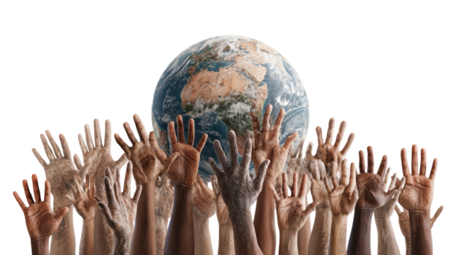 Diverse hands reaching for a globe