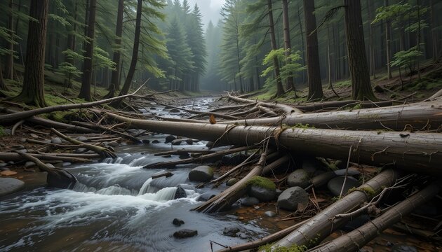 River flowing through a forest with fallen trees and dense fog