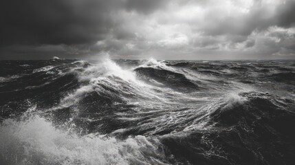Stormy ocean waves crash under dark clouds during a turbulent afternoon at sea