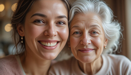 Warm portrait of two women from different generations, a young woman and an elderly woman with white hair, smiling together in a moment full of love and closeness. Close-up shot with natural lighting,