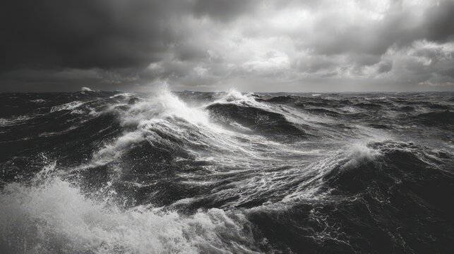 Stormy ocean waves crash under dark clouds during a turbulent afternoon at sea