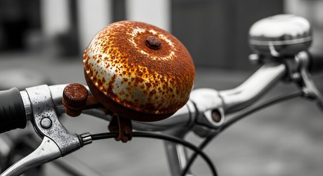 Detail shot of a beautifully rusted old bicycle bell mounted on classic handlebars, showcasing its age and texture with selective color.