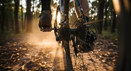 Close-up of a person cycling through a sun-drenched forest trail at golden hour, capturing the joy of outdoor adventure and healthy lifestyle.