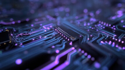 Fototapeta premium Circuit board with glowing purple and blue patterns in a modern electronic device