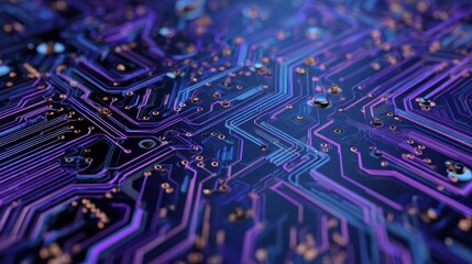 Digital circuit board with intricate patterns and glowing traces in purple and blue hues