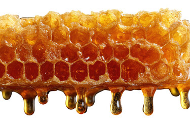 Honeycomb with dripping honey.  Close-up of a honeycomb slice, showcasing hexagonal cells filled with golden honey.  Honey drips from the edges of the honeycomb