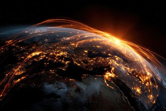 Glowing orange lines trace the connections of global networks over Earth at sunrise, showcasing the intricate web of internet activity and international communication