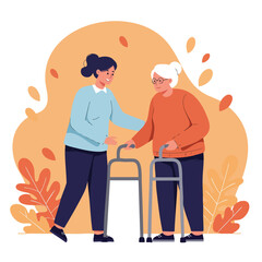 Young woman helping elderly woman with walker in autumn setting caregiving and support concept vector illustration 