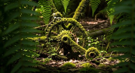 Fototapeta premium Forgotten and reclaimed: a vibrant green moss-covered antique machinery part, possibly a bicycle wheel, slowly decaying in a lush, tranquil forest setting.