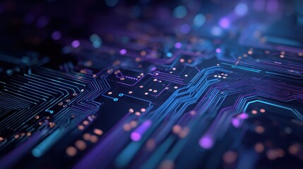 Vivid close-up of a circuit board showcasing intricate patterns and glowing connections in a dark setting