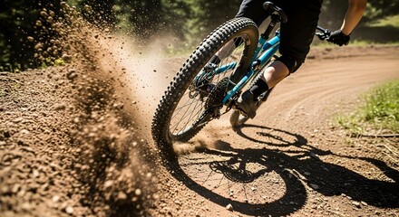 Female mountain biker expertly navigates a dusty trail, showcasing dynamic action and adventurous spirit in a sun-drenched forest setting.