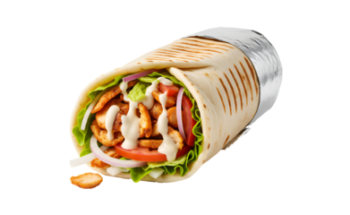 Appetizing shawarma with chicken, fresh vegetables and sauce in a fried flatbread. Ideal for menus, food delivery sites and culinary blogs.
