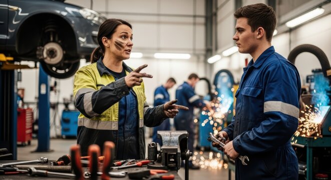 Female mechanic coaching male apprentice in busy auto workshop with tools and welding sparks