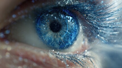 Close-up of a mesmerizing blue eye with sparkling details and long eyelashes during a creative makeup session