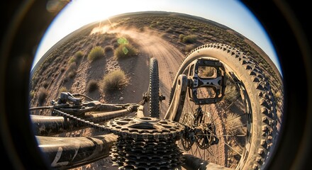 Dynamic fisheye view of a mountain bike's rear wheel and chain on a dusty desert trail, capturing the essence of off-road adventure.