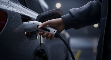 Close-up of a person plugging in an electric vehicle charging cable.