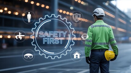 Engineer Interacting with Digital Safety Gear Icons – Safety First and Work Protection Technology