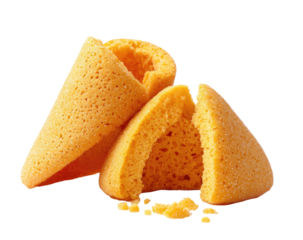 Two halves of a golden, cone-shaped, sweet treat.  Crumbly, light, and hollow interior.  Sprinkles of sugar.  Isolated on black