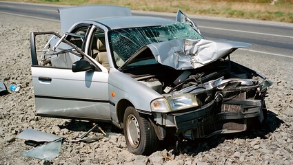 Severely damaged car on the side of the road after a collision