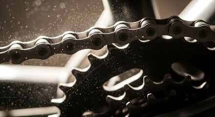 Close-up of a bicycle chain and gears illuminated by dramatic light, with shimmering particles suggesting motion, maintenance, or mechanical detail.
