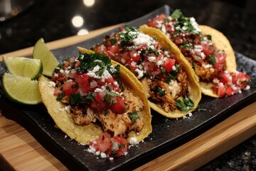 Delicious chicken tacos with pico de gallo served on a wooden board with lime wedges at a casual dining setting