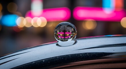 Obraz premium Crystal ball on a shiny metallic surface reflecting vibrant, blurred urban neon lights and bokeh, offering a unique perspective on city life.