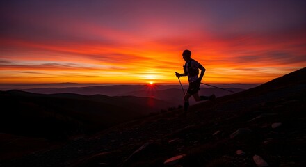 Obraz premium Silhouette of a trail runner with poles running up a mountain at a dramatic sunrise
