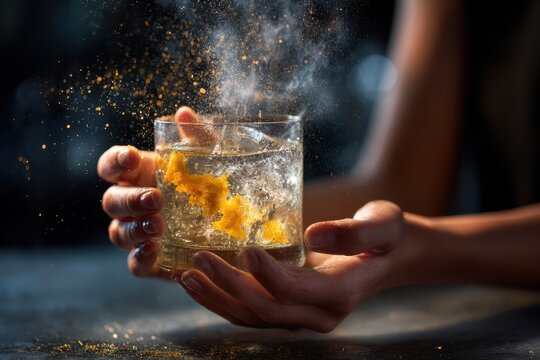 Bartender expertly prepares cocktail with aromatic spray while holding a glass filled with sparkling beverage and garnish, capturing the essence of mixology artistry