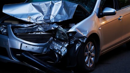 Damaged car after collision on road at night