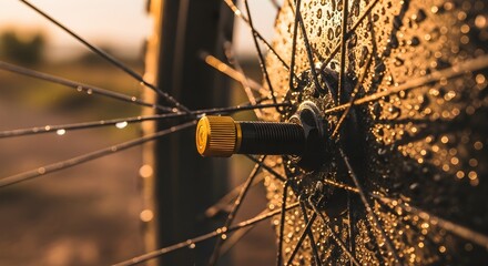 Close-up of a bicycle wheel with water droplets glinting in golden sunset light, highlighting spokes and valve stem.