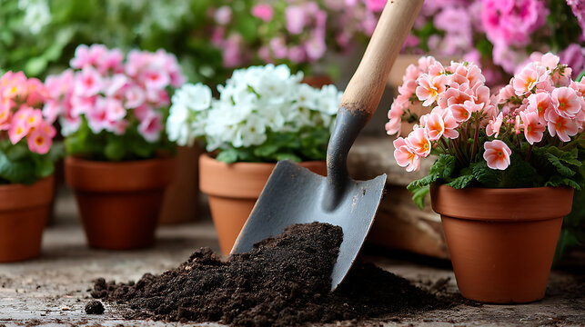 A garden shovel filled with rich, dark soil sits next to a clay pot with flowers