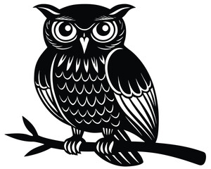 Vector art of black and white silhouette of an owl perched on a branch