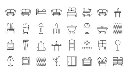 Obraz premium Minimalist furniture silhouette vector pack, outline icons for home and office interior, sofas, chairs, tables, lamps, cabinets, decor