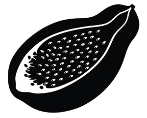 Vector art of black and white silhouette of a papaya cut in half, revealing seeds and flesh