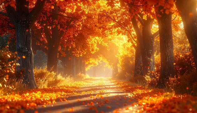 Pathway lined with orange and amber leaves glowing in golden sunlight,