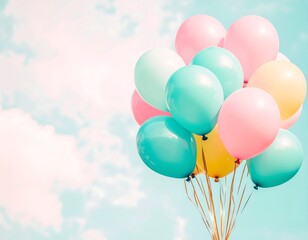 Pastel balloons bunch against a soft sky