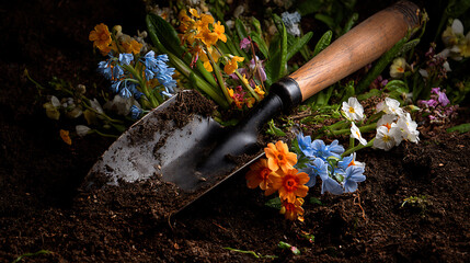 A sense of spring and new life with fresh soil, bright flowers and a shovel