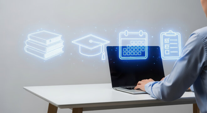 Individual using laptop at desk with educational icons like books, graduation cap, calendar, and checklist, representing online learning and academic planning in a modern workspace