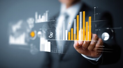 Business professional analyzing data trends on digital interface with visual graphs and statistics in modern office setting