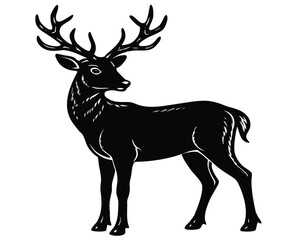Vector art of black silhouette of a majestic stag with large antlers, standing proudly against a