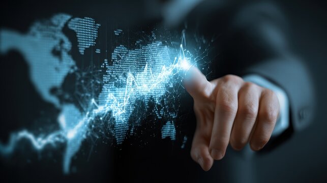 Digital hand touching glowing data visualization of world map with rising graph trend