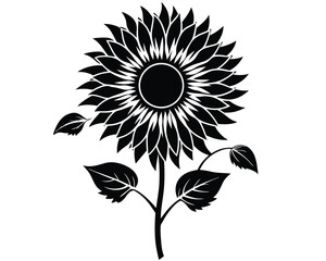 Vector art of black and white silhouette of a sunflower with leaves and stem