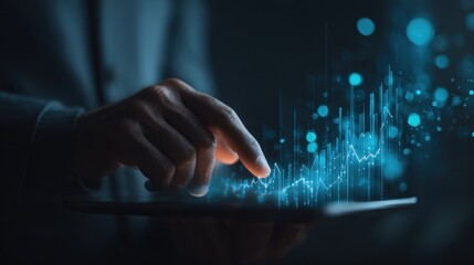 Finger touches digital interface displaying financial data trends and analytics at night